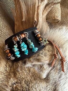 OOAK Turquoise Stones and Black Leather Cuff Bracelet with Copper Bead Accents